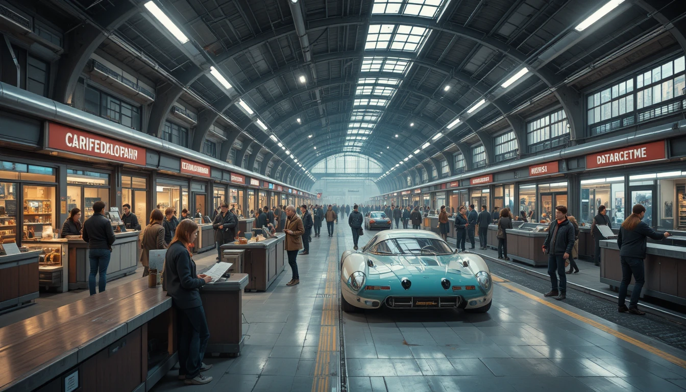 Futuristischer Bahnhof 2030 mit Reisenden und belebten Bahnsteigen
