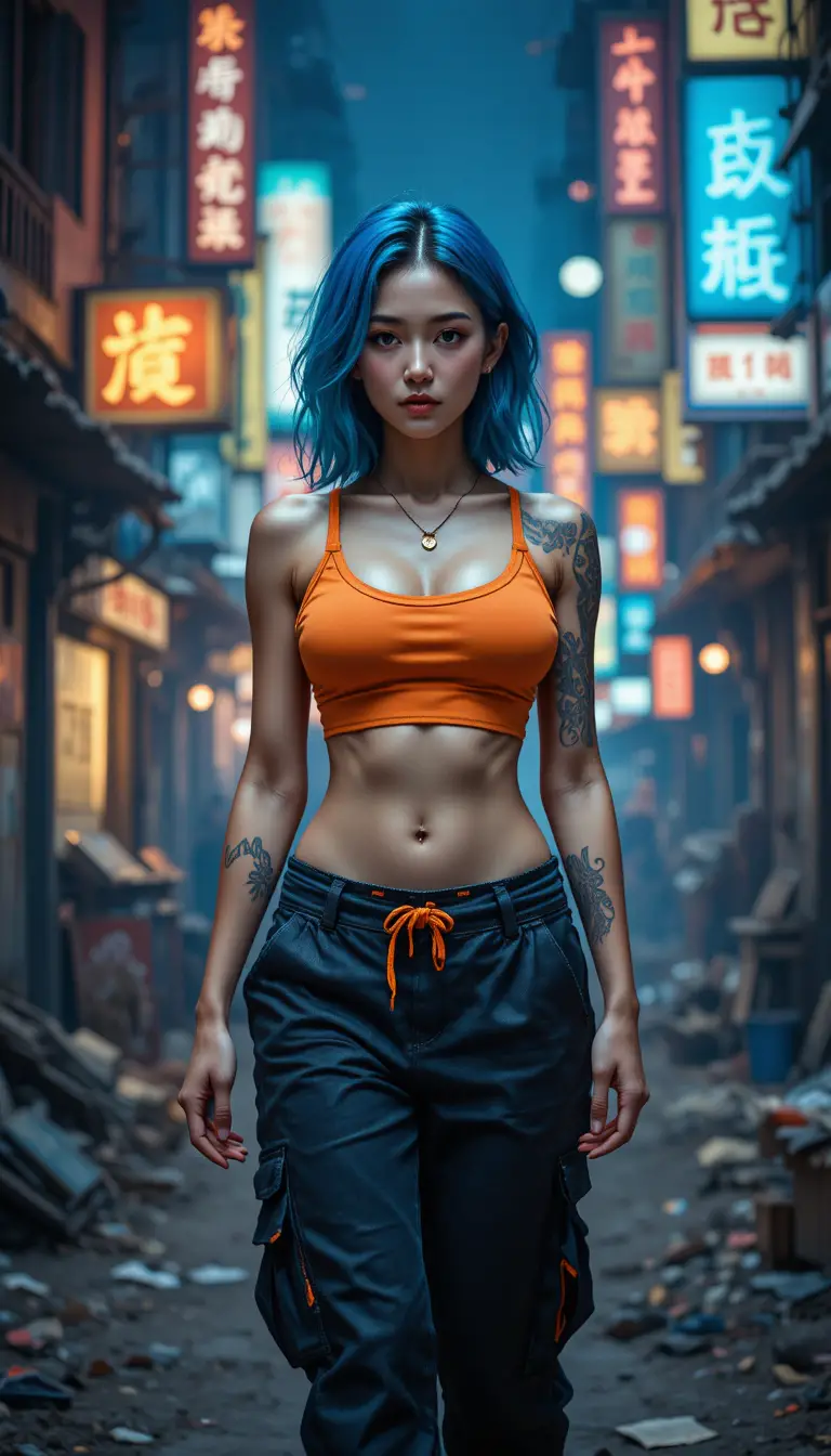 Blue haired woman walking in a ruined neon lit city