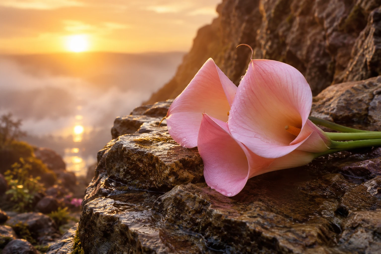 Pink calla lilies on sunlit rocky outcropping at sunrise