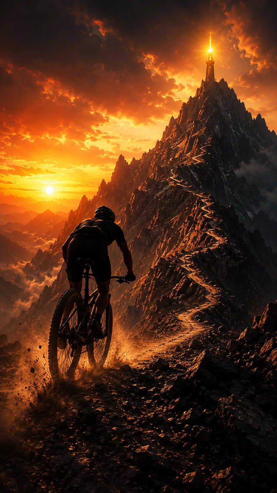 炙熱夕陽下攀登高山的單車騎士剪影