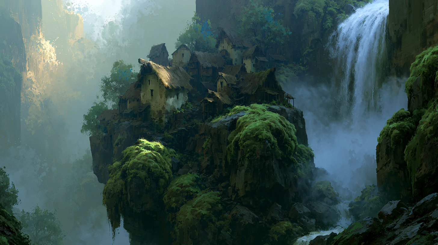 Mystisches Dorf auf Felsklippen mit rauschendem Wasserfall