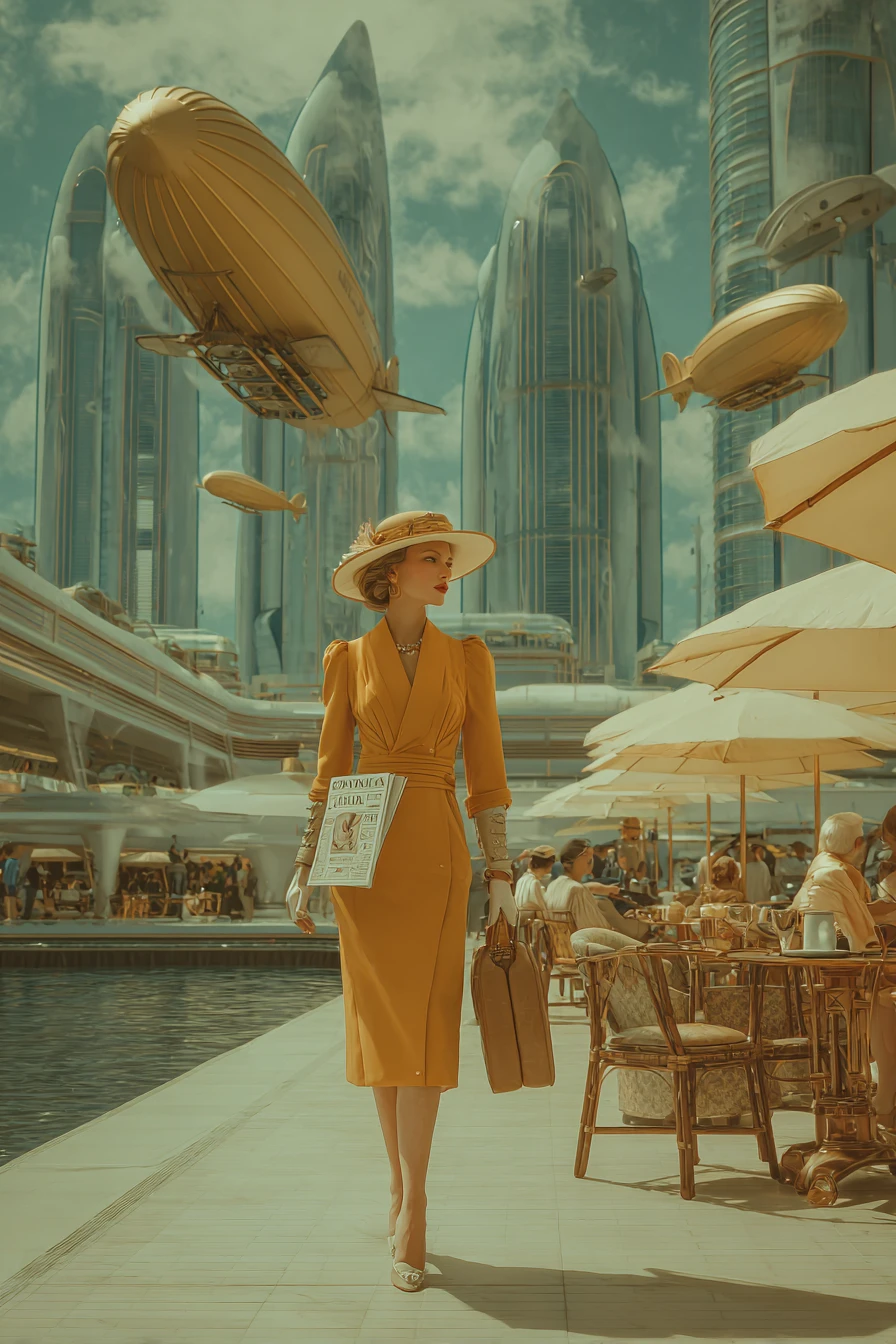 Elegante Frau spaziert an Kanälen in futuristischer Stadt