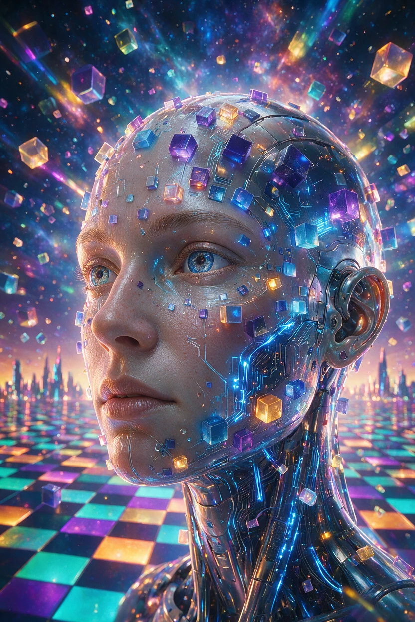 Cabeça de ciborgue futurista com cubos luminosos e circuitos