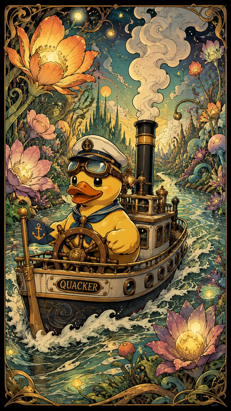 Whimsical duck captain steering a tiny steamboat on river