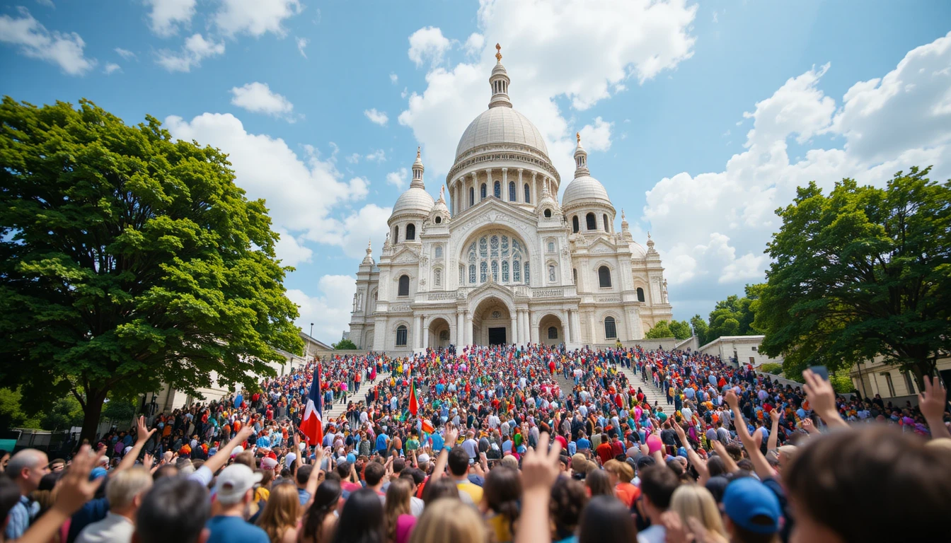 Crowd celebrating on the steps of Sacre Coeur in Paris