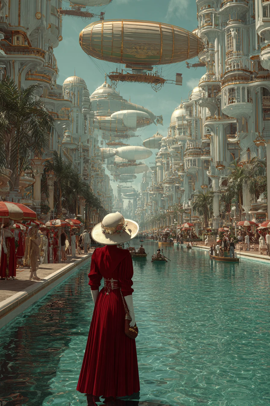 Mulher elegante caminhando pelos canais de uma cidade futurista