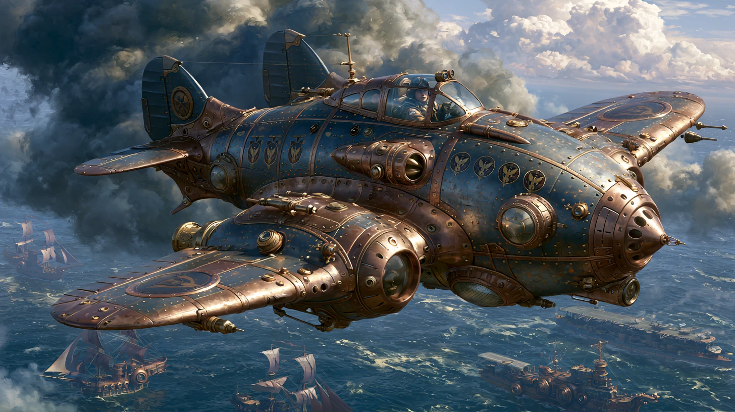 Steampunk-Kampfjet über dunkler stürmischer Meeresoberfläche