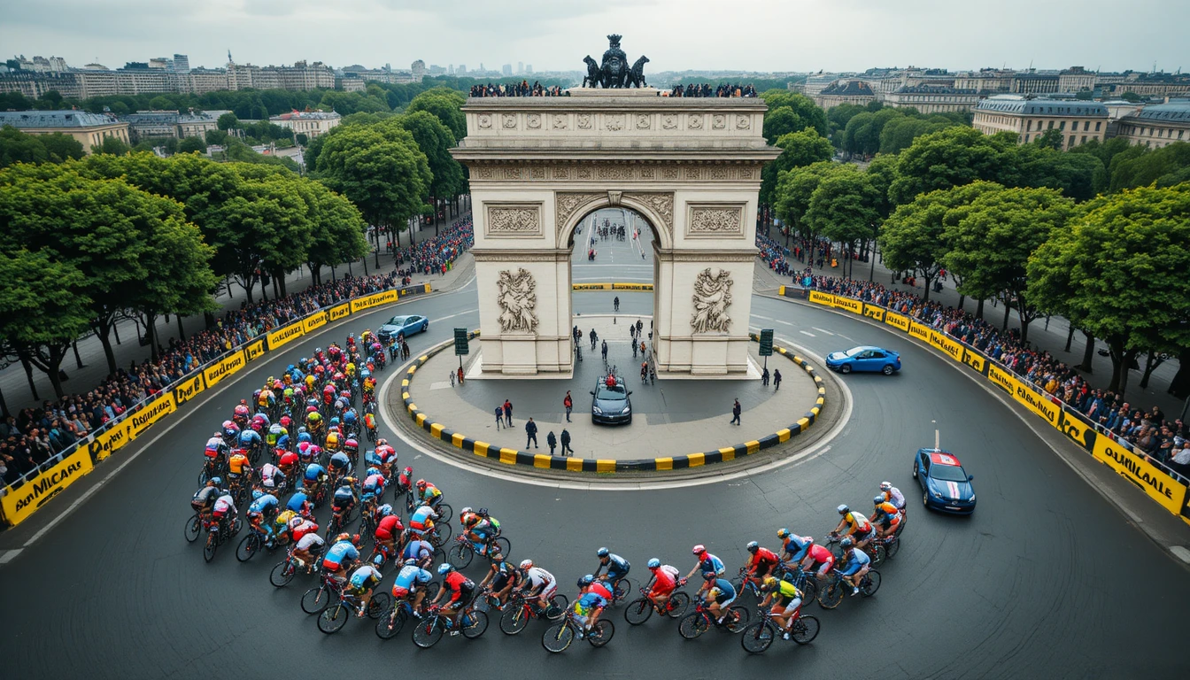Cyclists And Race Cars Circling The Arc De Triomphe