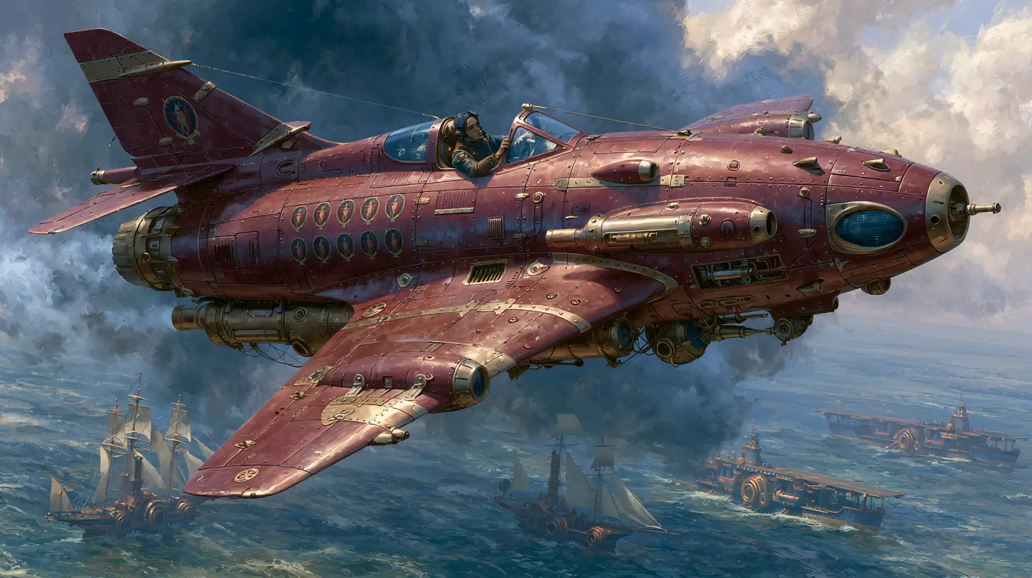 スチームパンク戦闘機が荒れた雲を抜けて海上を飛翔する