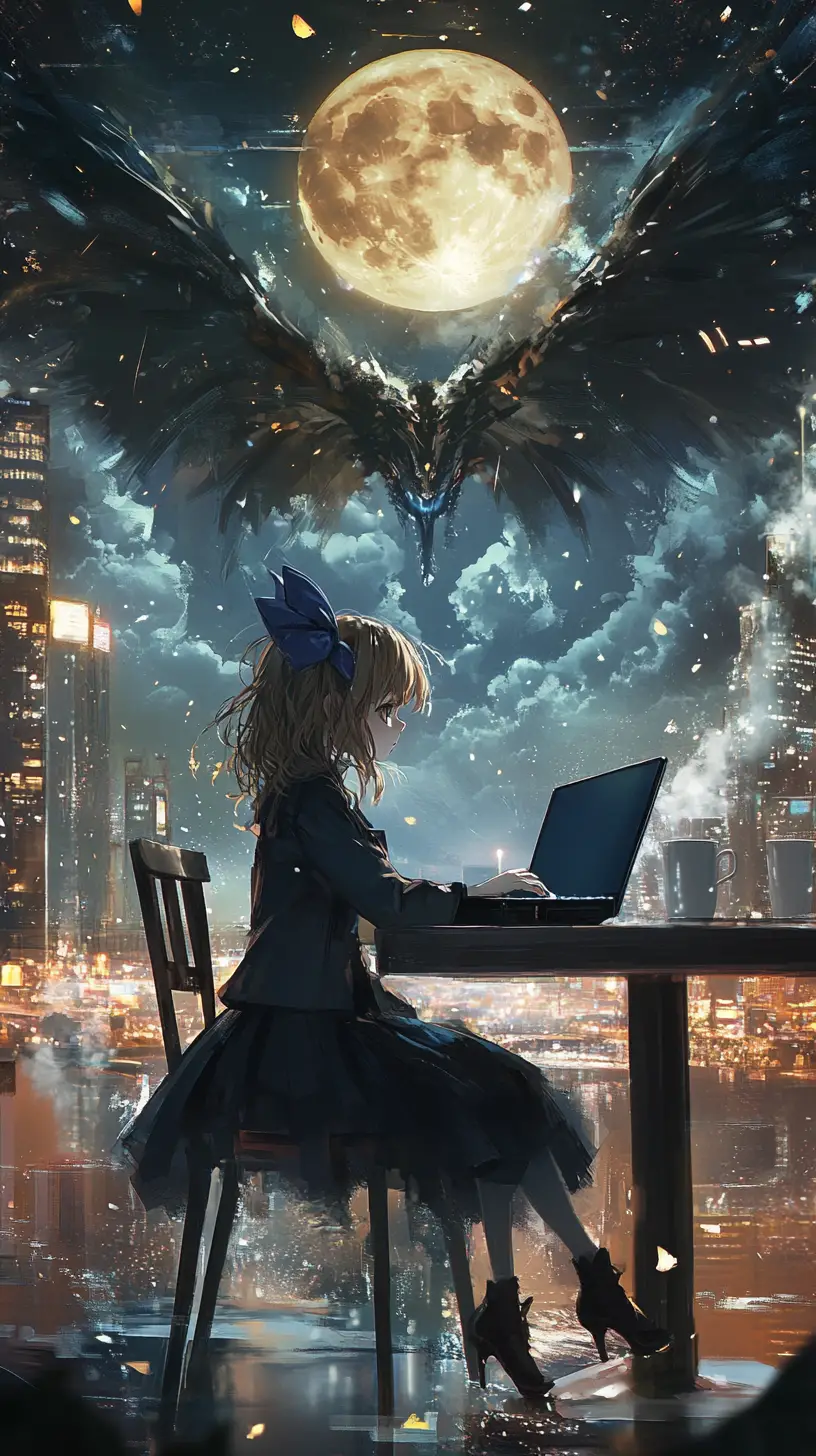 Anime-Mädchen arbeitet mit Laptop in gemütlichem Café