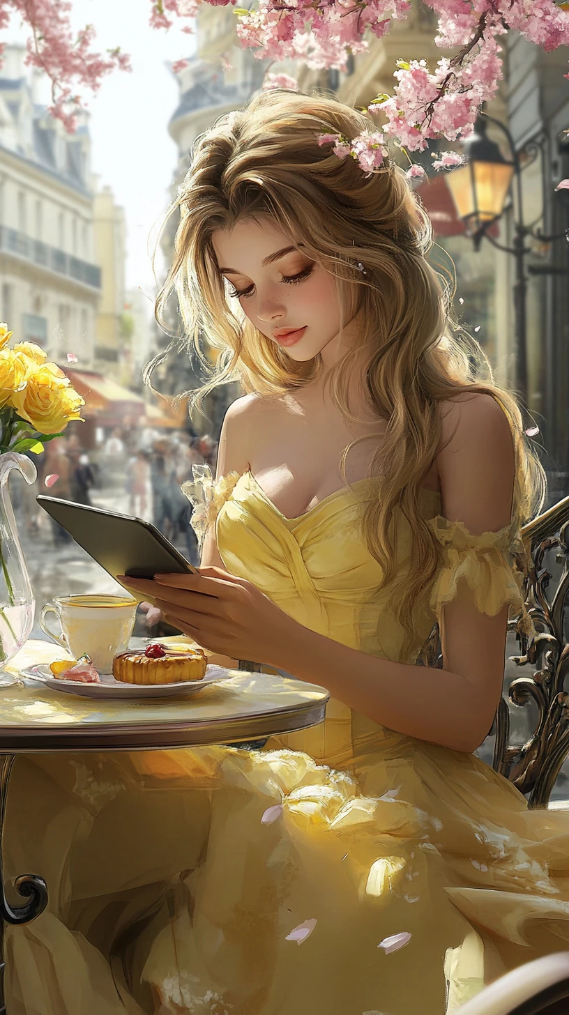 Jovem lendo em uma mesa de café de rua em Paris