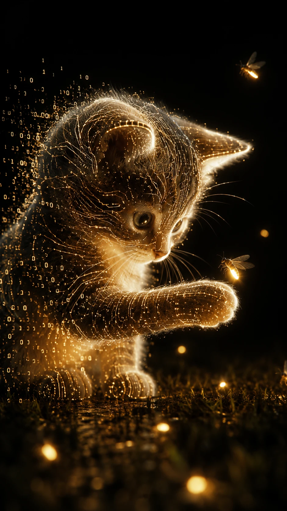 Filhote de luz compartilhando um momento silencioso com vaga-lumes
