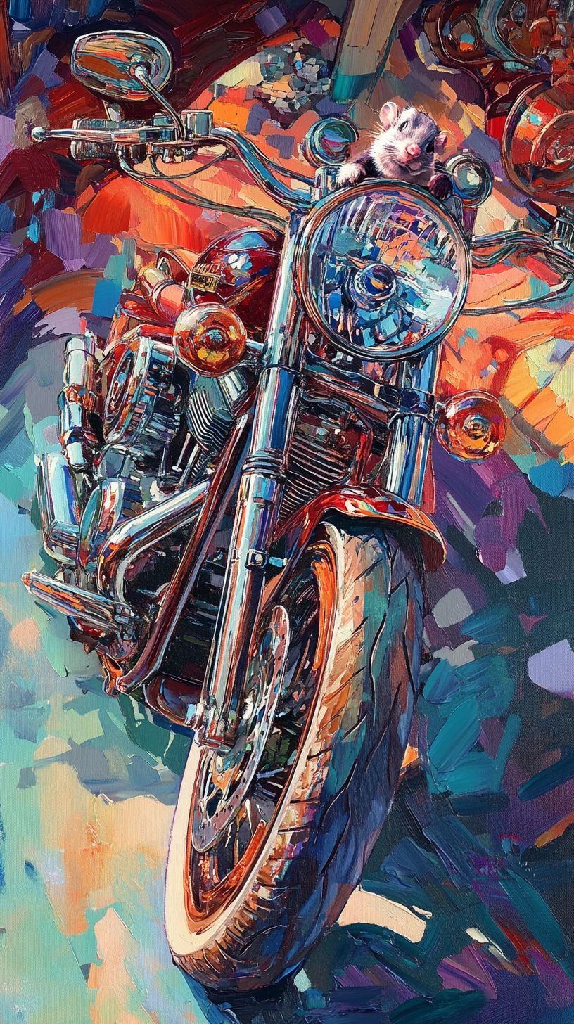 Surreales Steampunk-Motorradgemälde mit winzigem Mäusefahrer