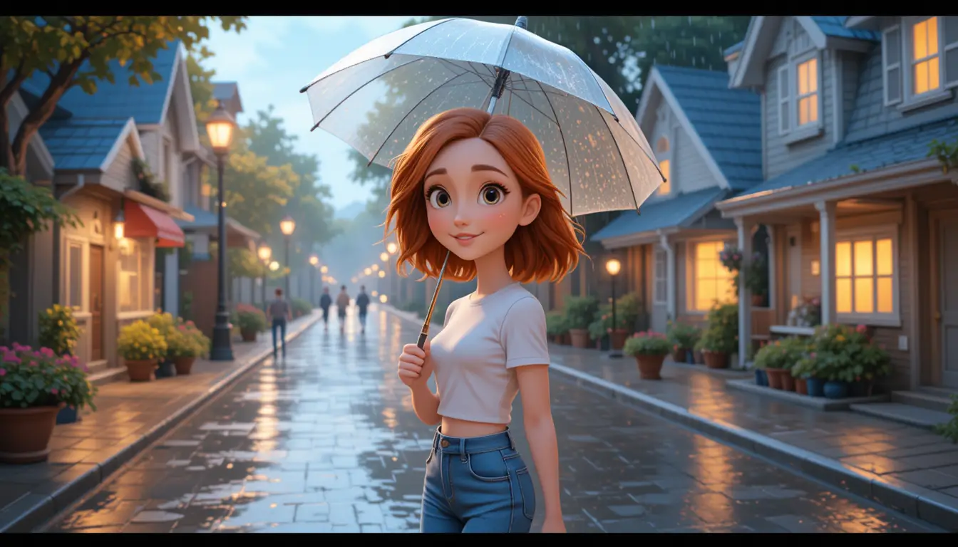 Young woman walking with umbrella on a quiet rainy street
