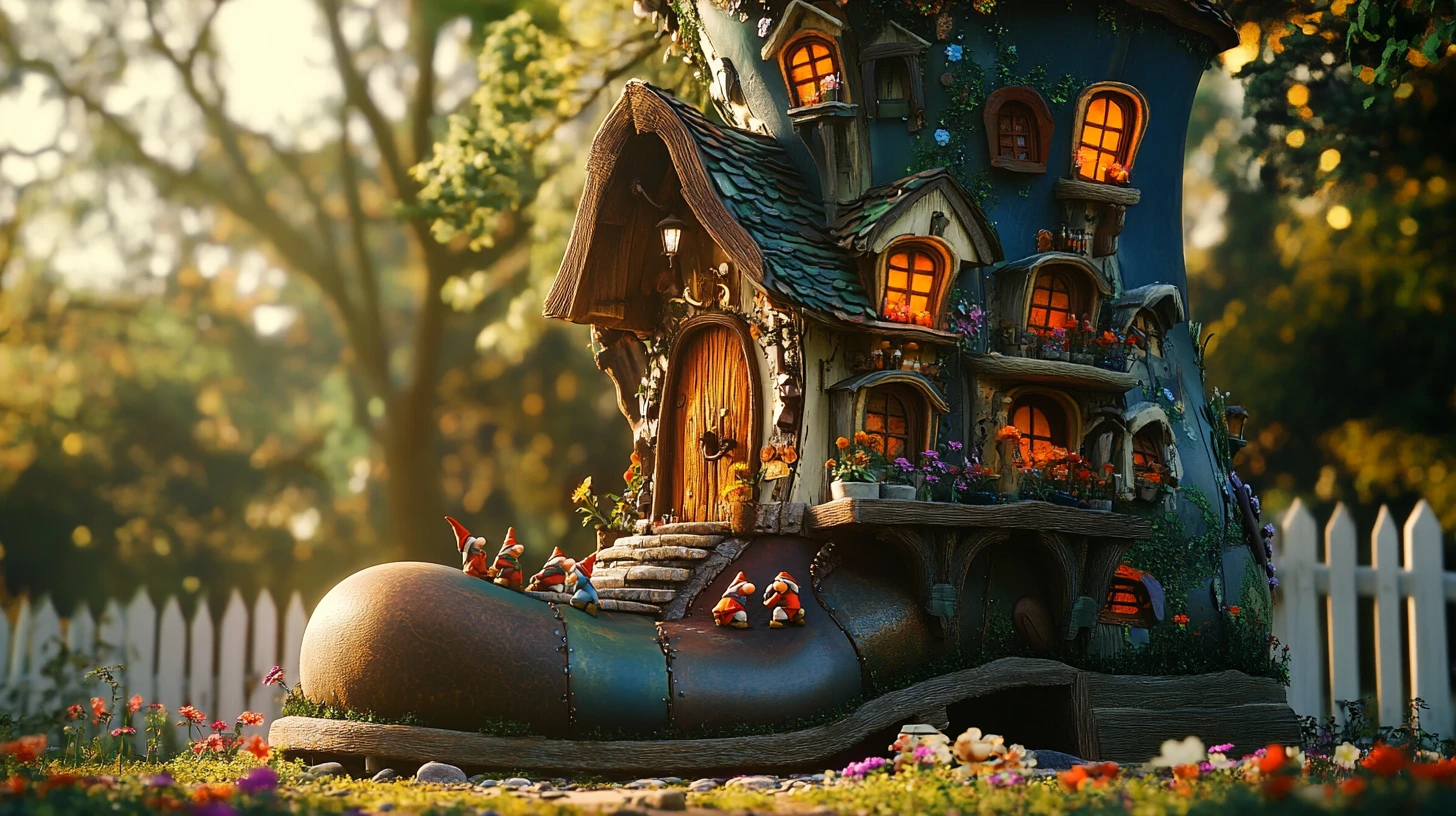 Casa-bota 3D de gnomo en un bosque luminoso y mágico