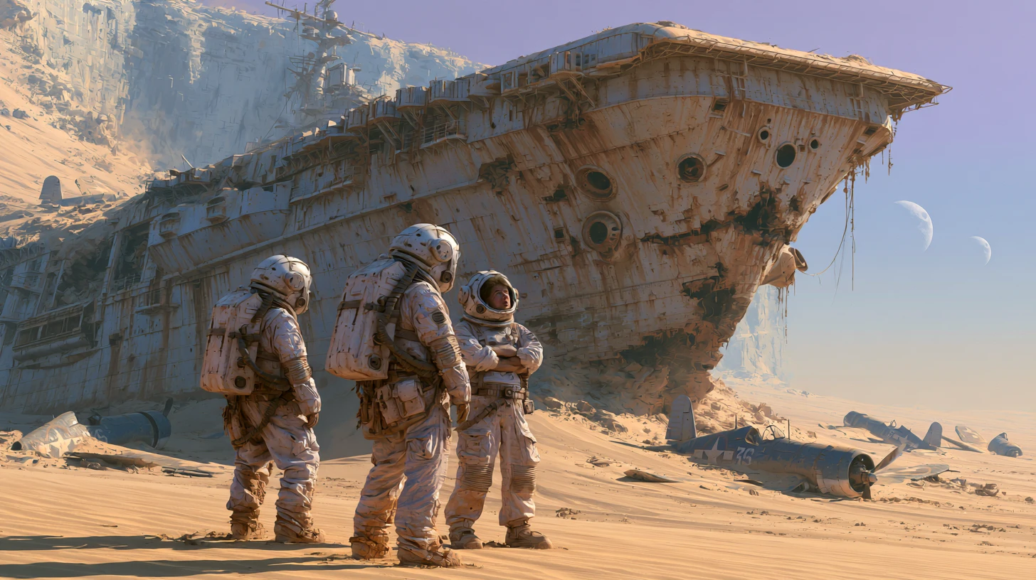 Des astronautes découvrent un porte-avions englouti sur des sables aliens