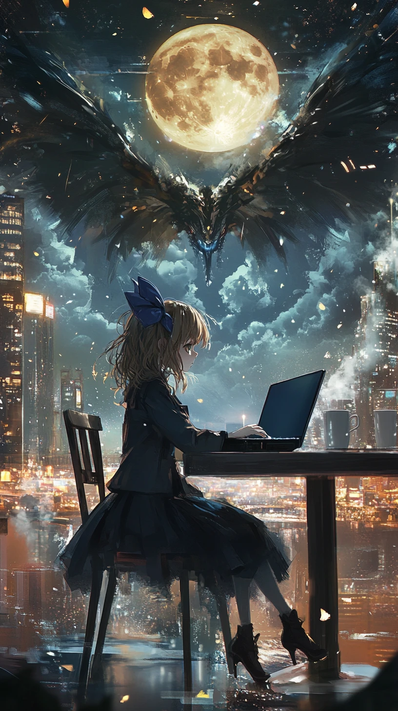 Anime-Mädchen arbeitet mit Laptop in gemütlichem Café