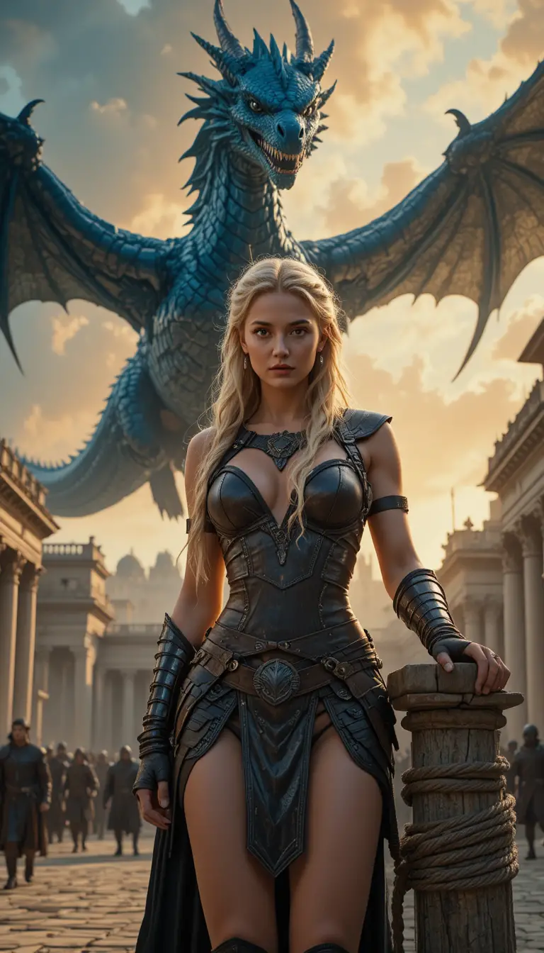 Blonde warrior woman in armor in ancient city square