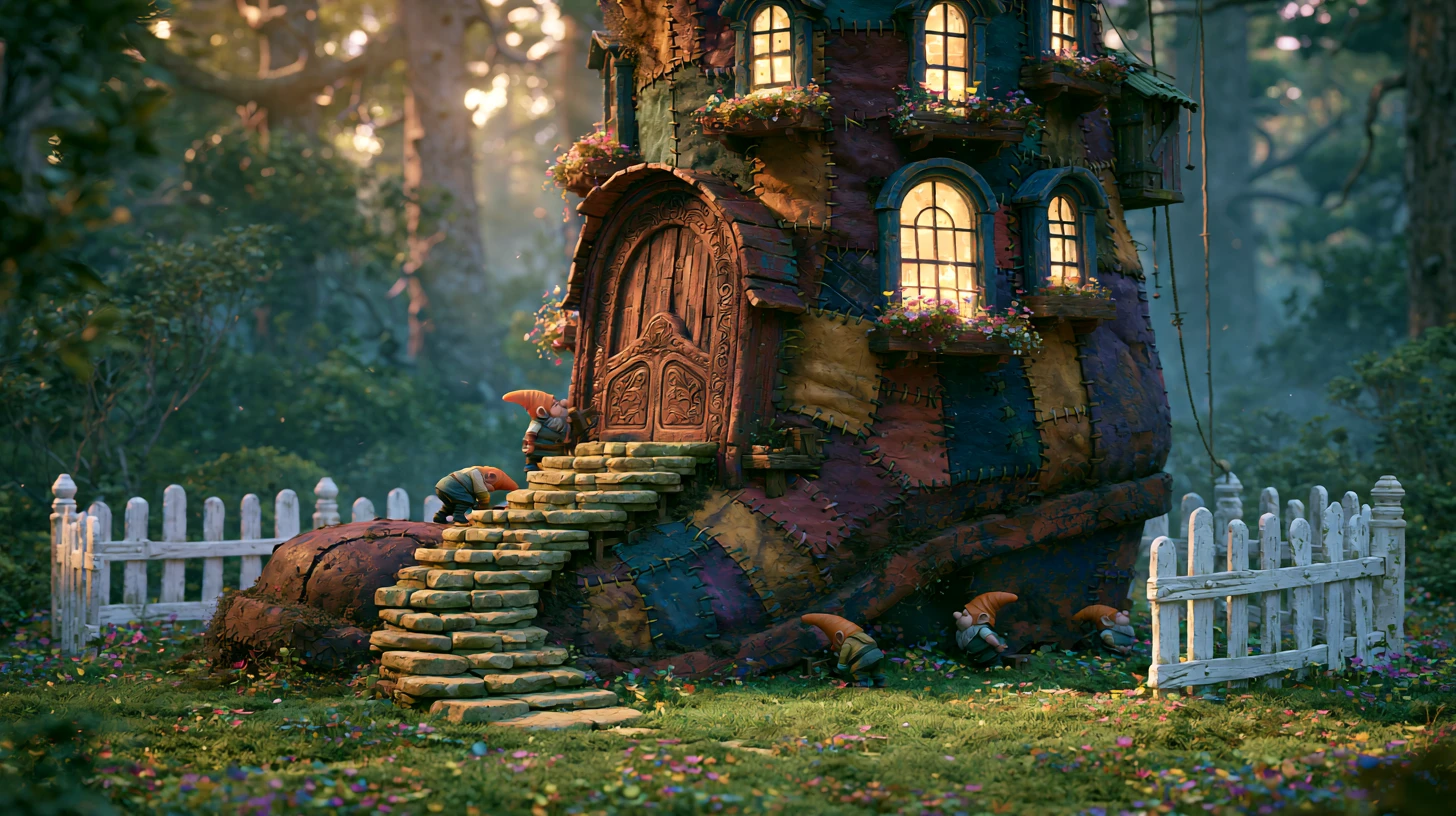 Verspieltes 3D-Wichtel-Stiefelhaus in einem farbenfrohen Wald