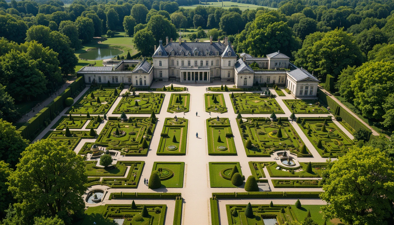 Vista aérea de um palácio com jardins franceses formais