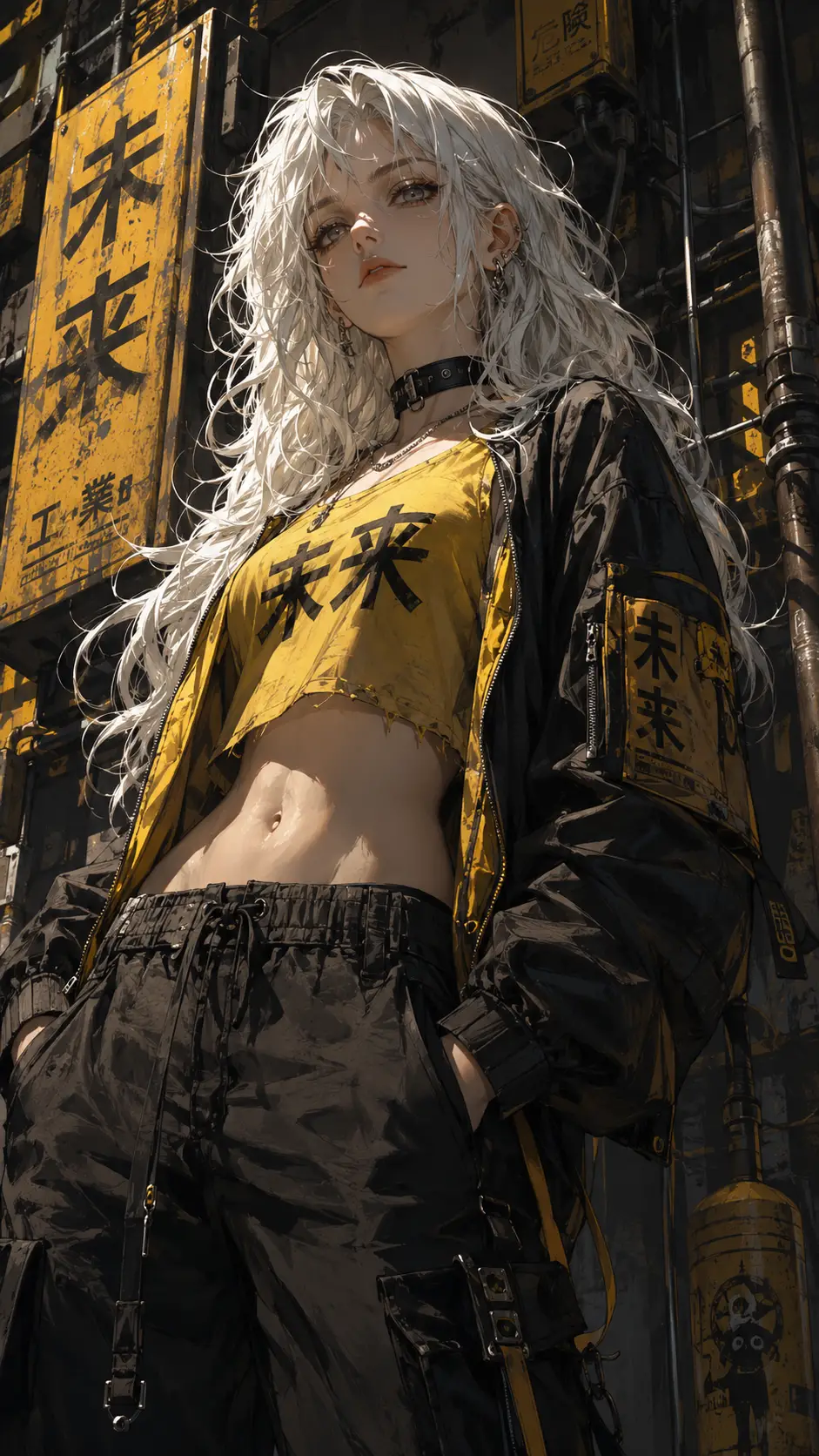 穿著黃色上衣的叛逆動漫少女在賽博龐克小巷中