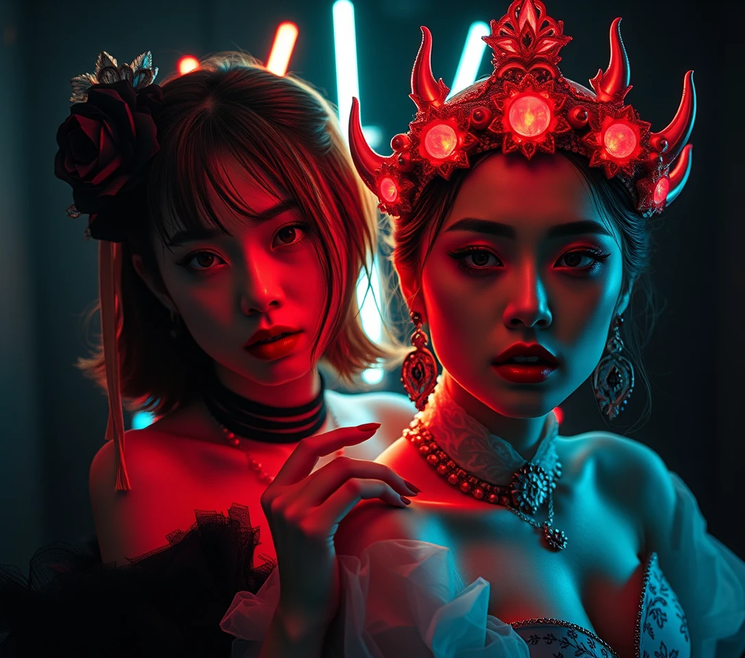 어둠 속 두 시네마틱 여성의 초현실적인 네온 클로즈업