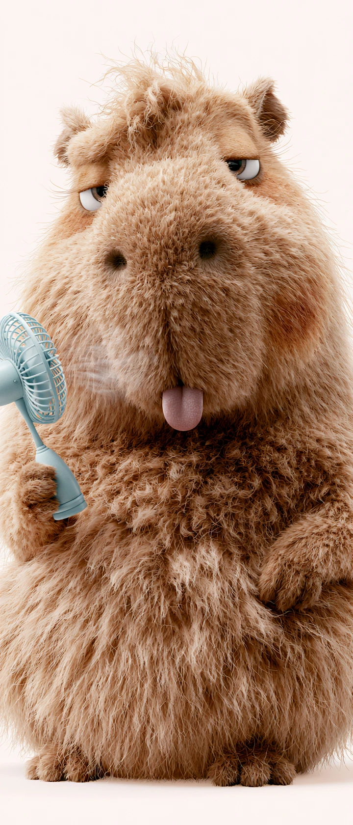 Ritratto di peluche di capibara carino con mini ventilatore portatile