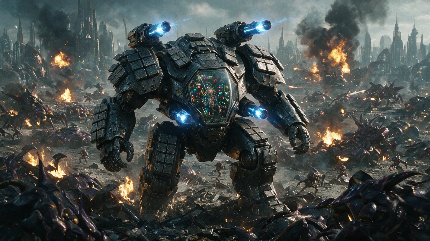 Armored mech strides through alien war zone city streets