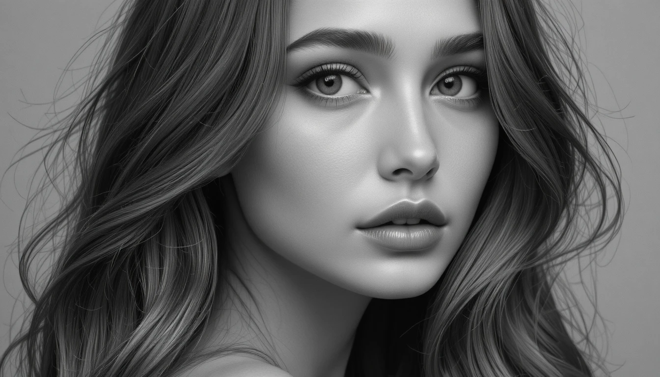 Grayscale close up portrait of a young serene woman