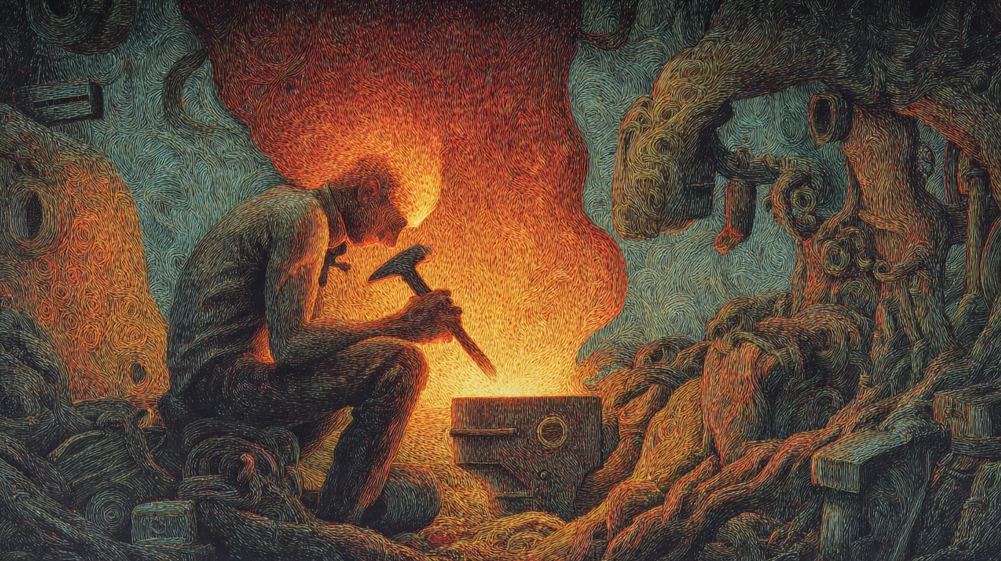 Hefesto forjando uma alma brilhante a partir do fogo primordial