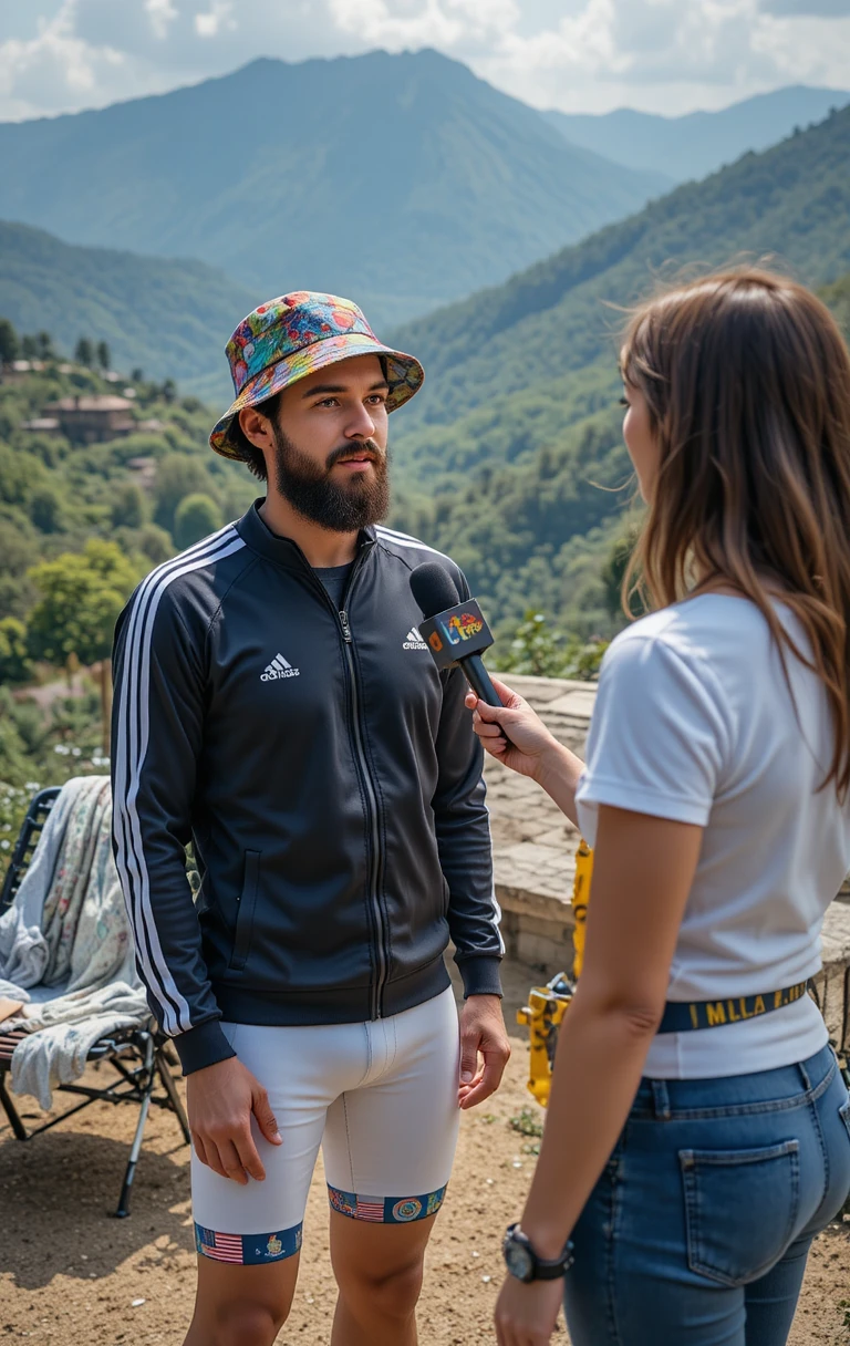Outdoor-Interview mit Radfahrer in Berglandschaft