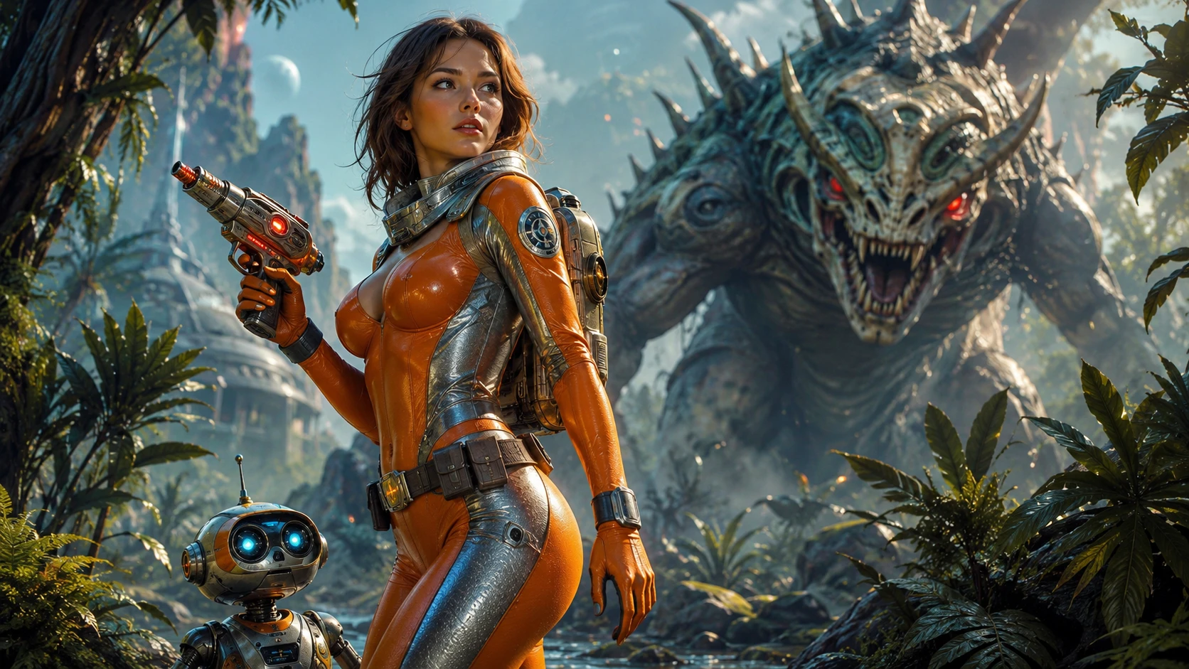 Heroína espacial com pistola de raios em exuberante mundo-jungle alienígena