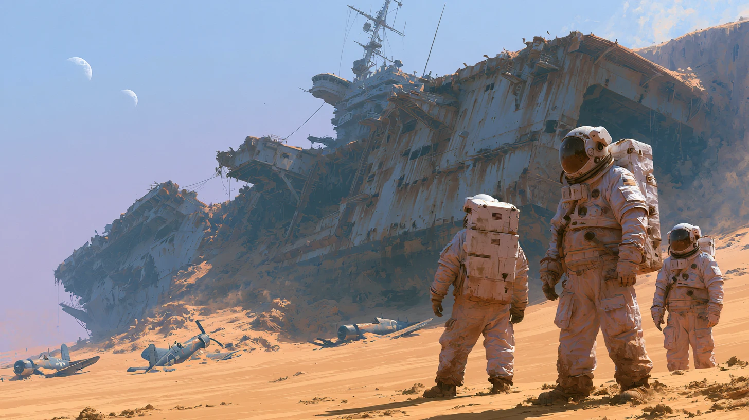 Des astronautes découvrent un porte-avions détruit sur des sables aliens