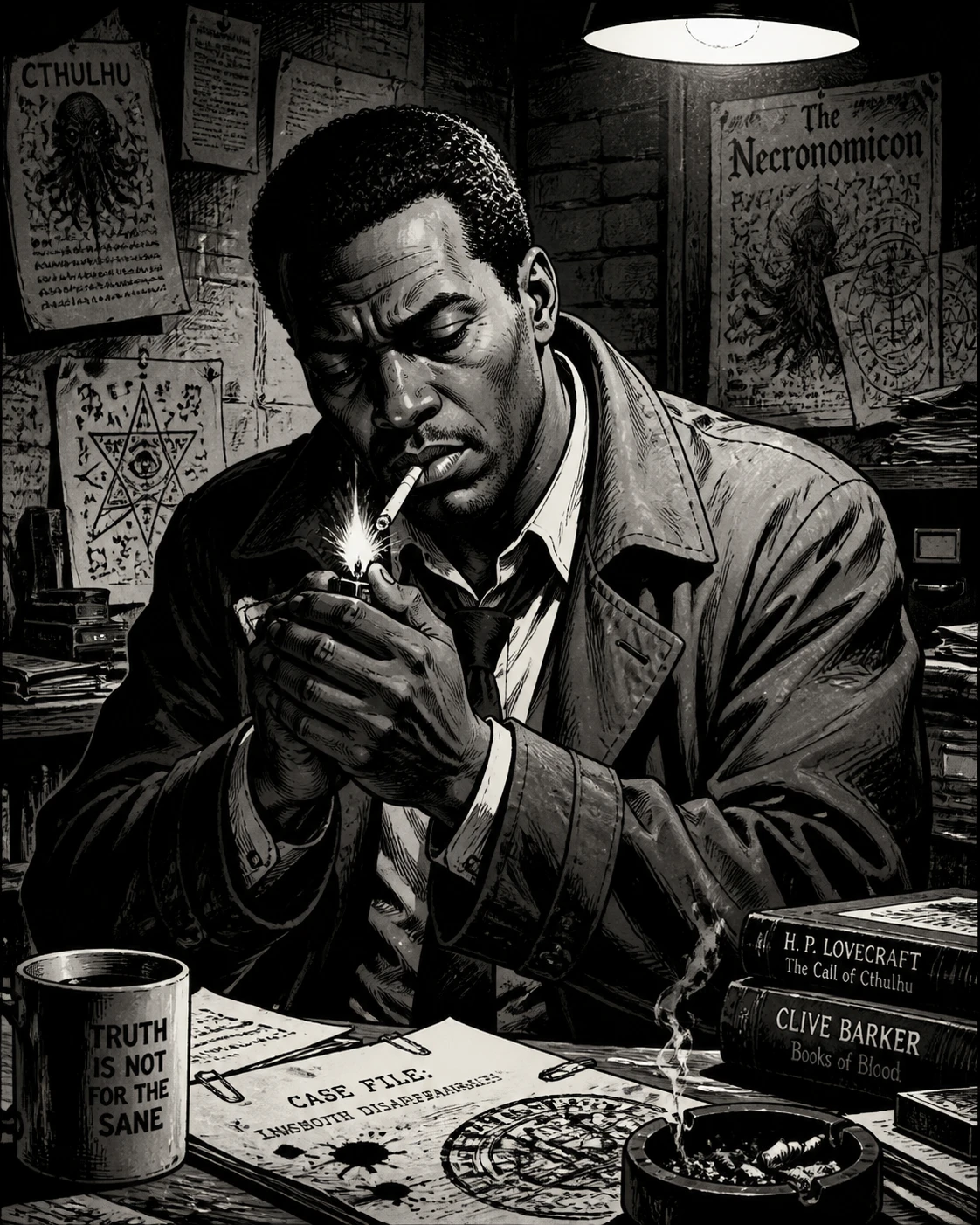 Noir detective lighting a cigarette in a shadowy office