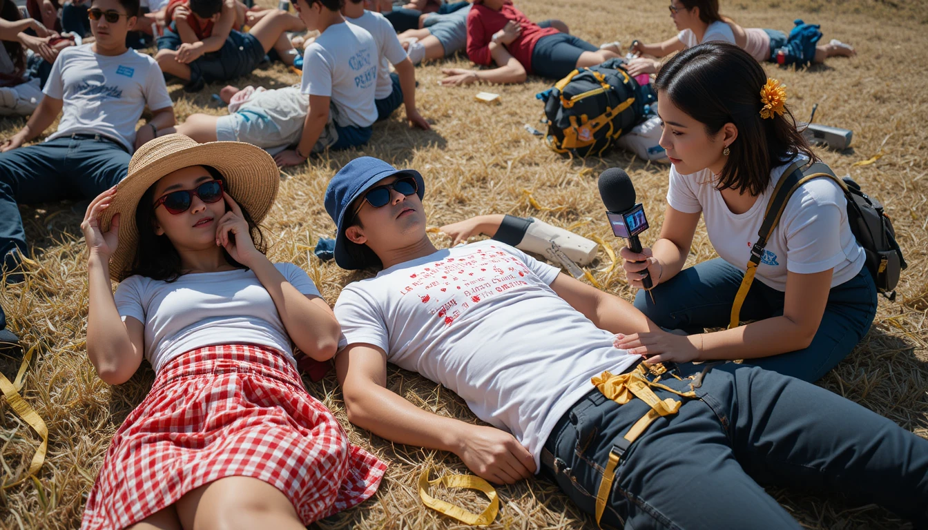 Tired friends resting on dry grass as a reporter listens