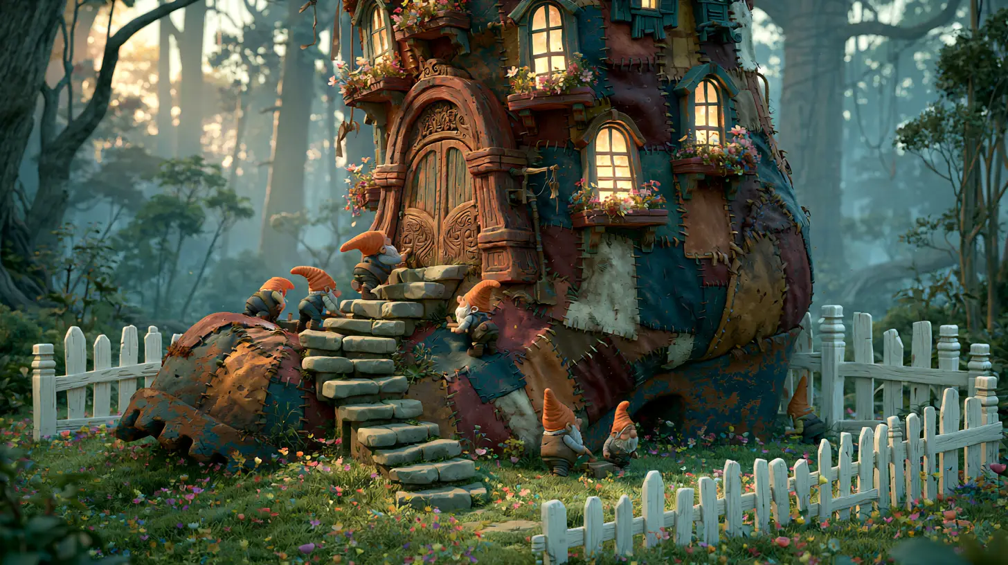 Whimsical Gnome Boot House In A Colorful Enchanted Forest