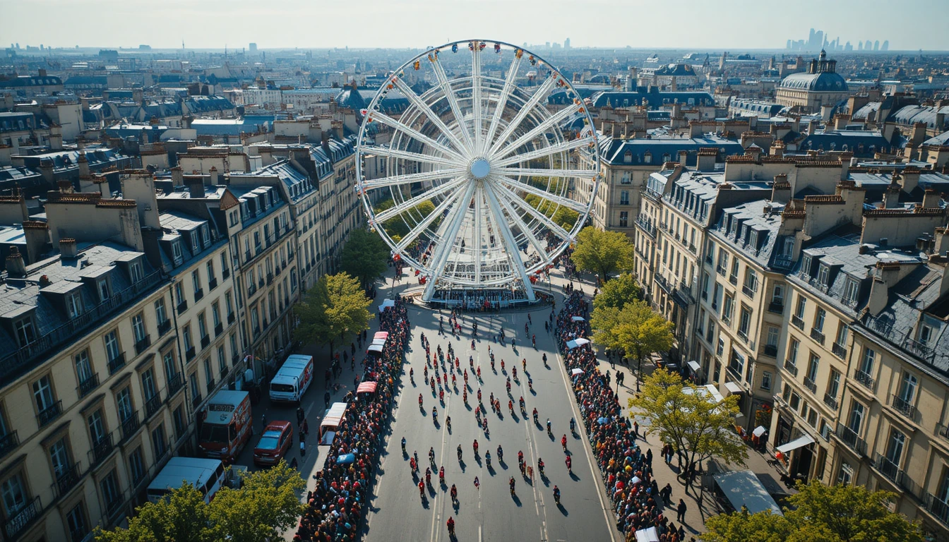 Vista aérea de roda‑gigante sobre corrida de ciclismo em Paris