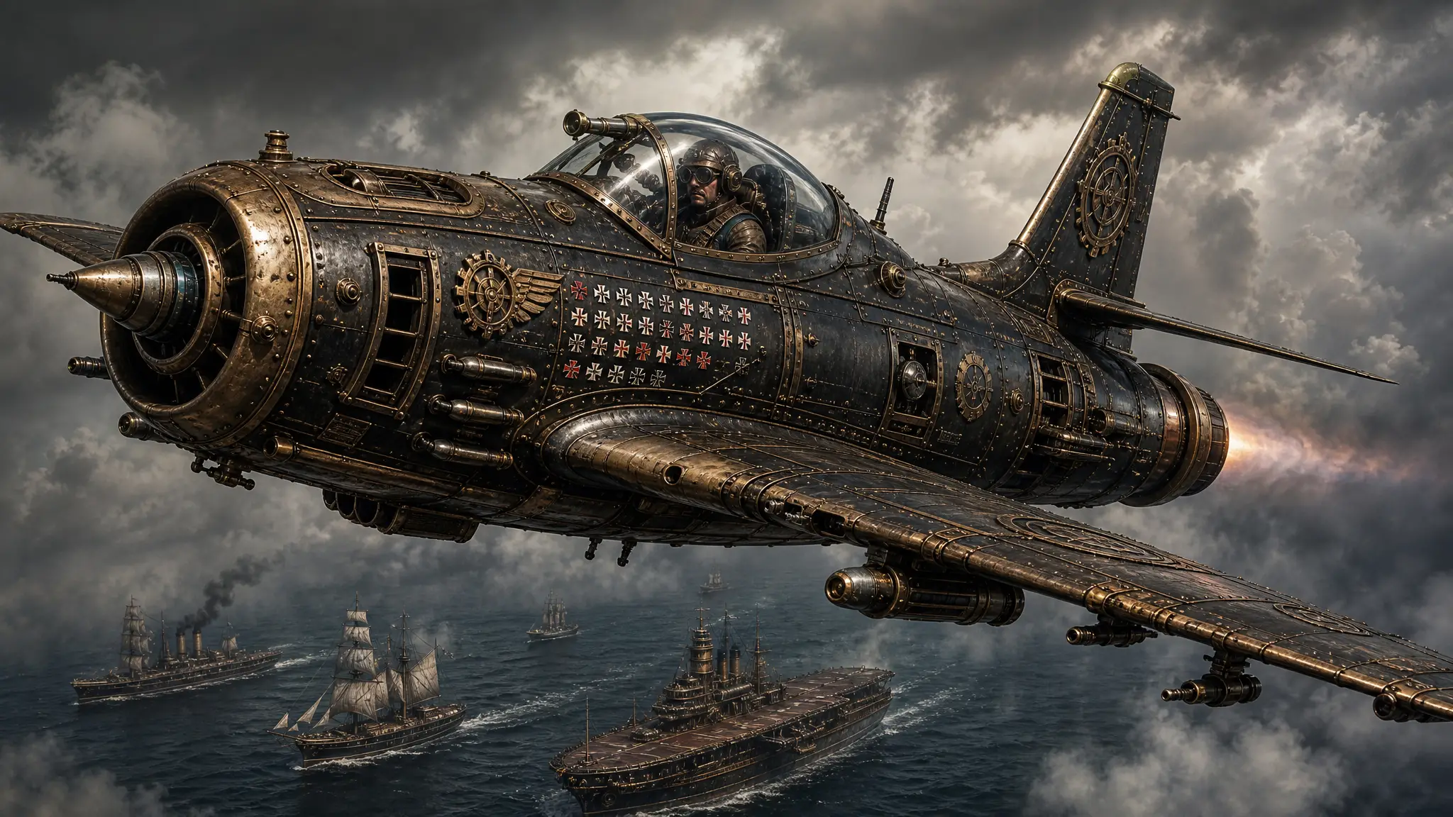 荒れた雲と海上を飛ぶスチームパンク戦闘機