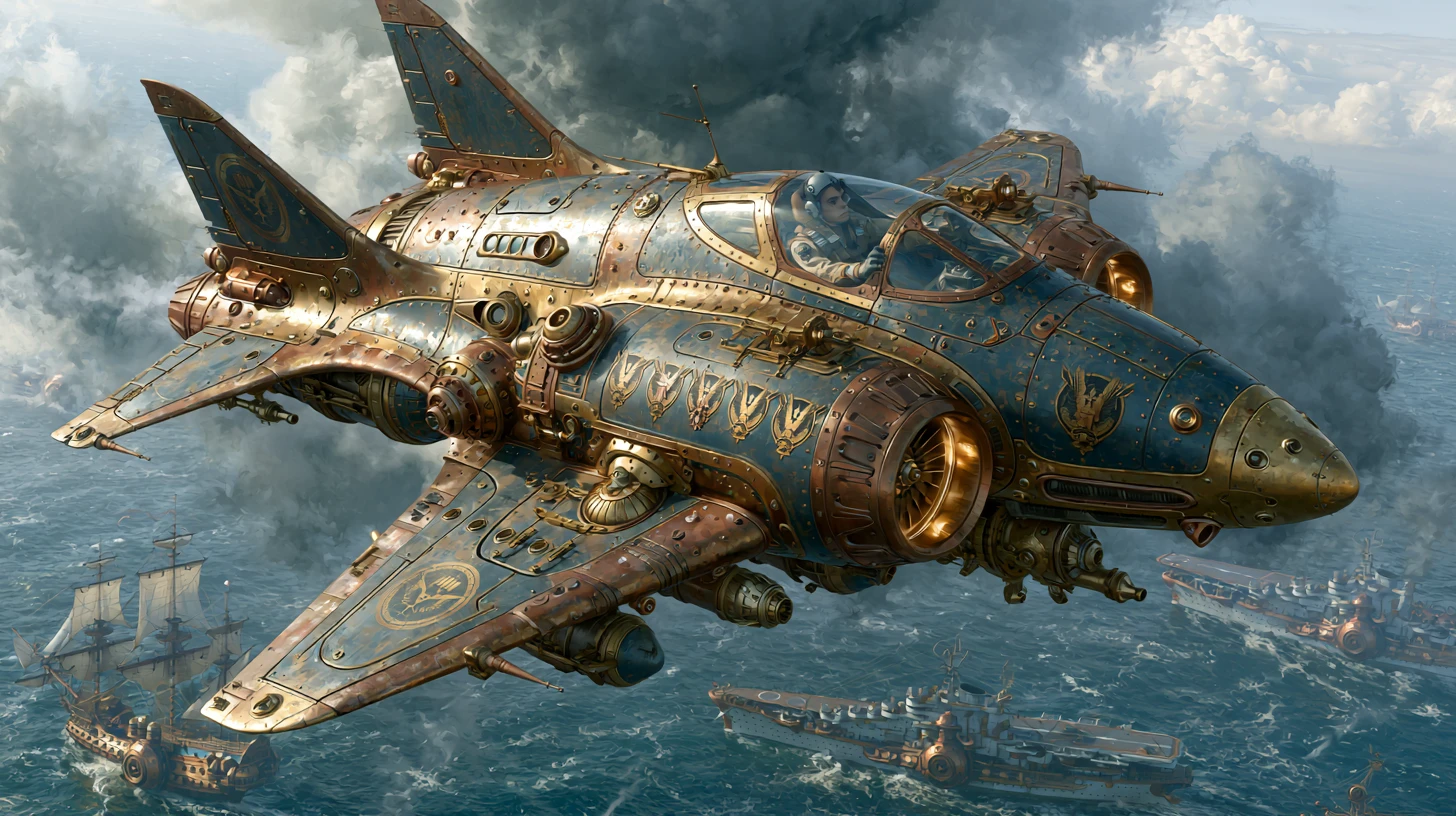 Chasseur steampunk fendant un ciel orageux au-dessus de l’océan