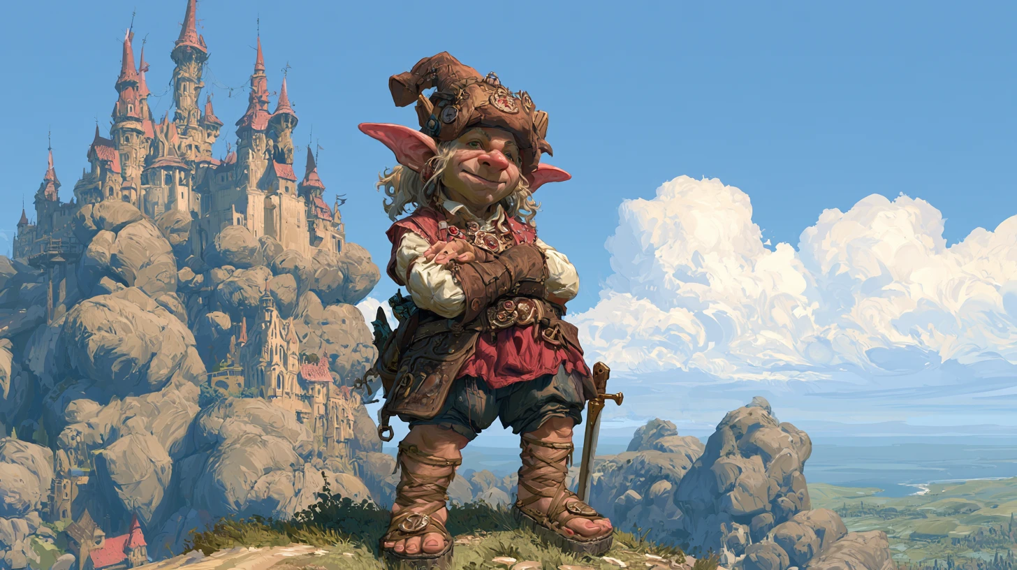 Reine troll royale devant un imposant château fantastique de roche