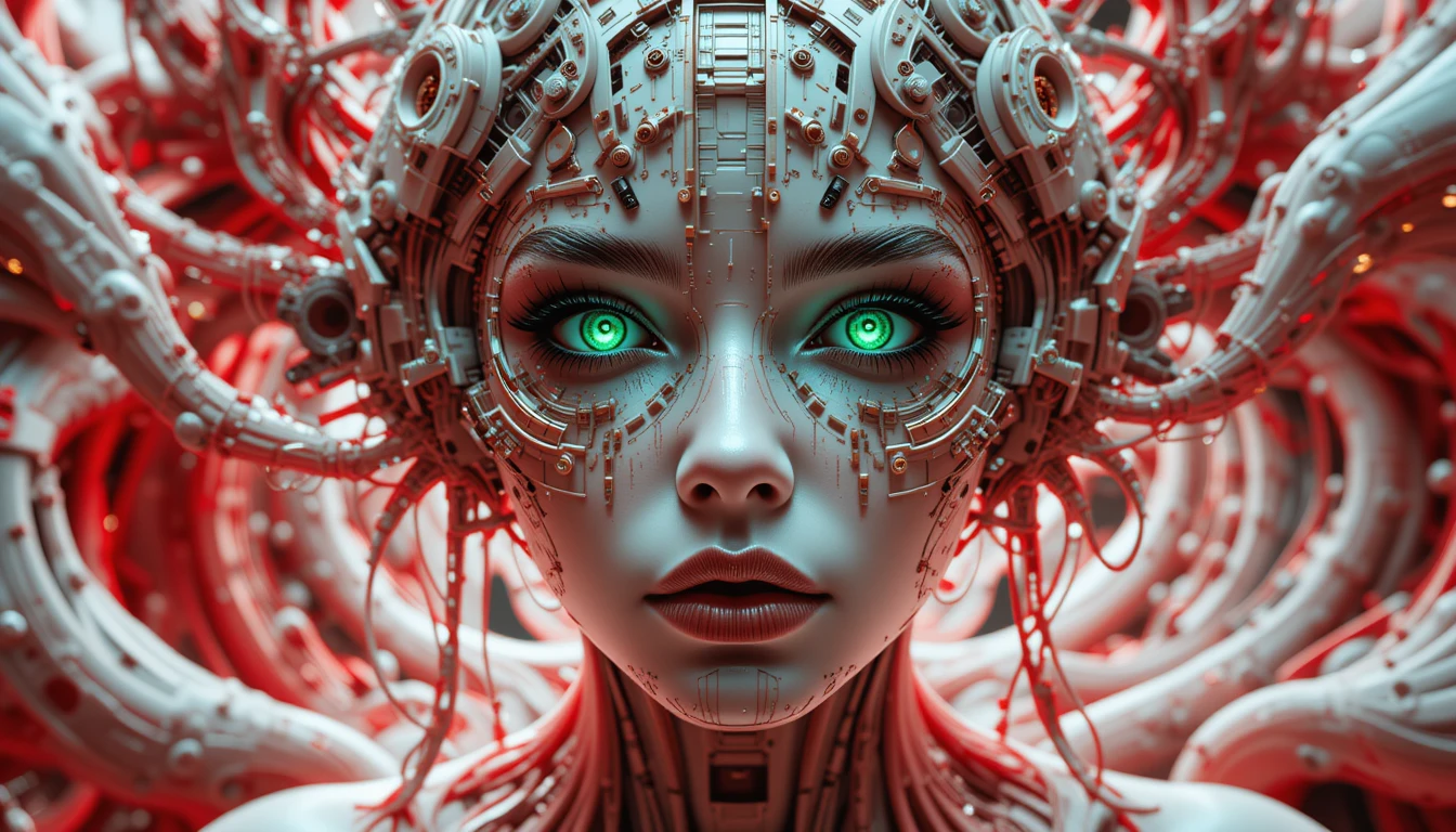 Woman fused with abstract cybernetic temporal currents