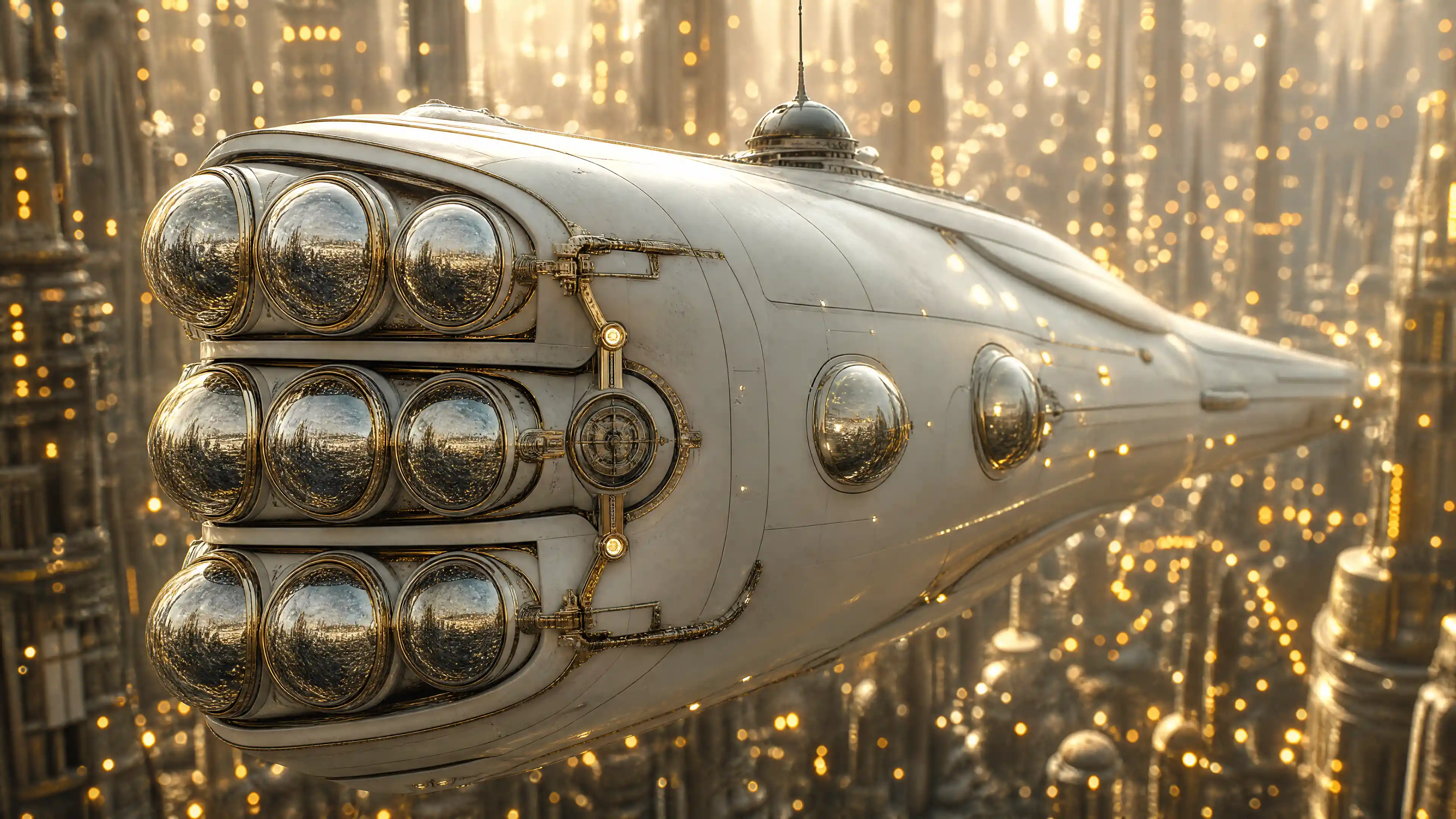 Alien-Kriegsschiff-Bug über goldener futuristischer Turmstadt