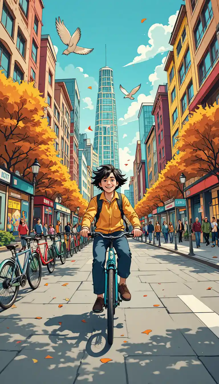 Cycliste joyeux filant à toute vitesse dans une rue colorée de la ville