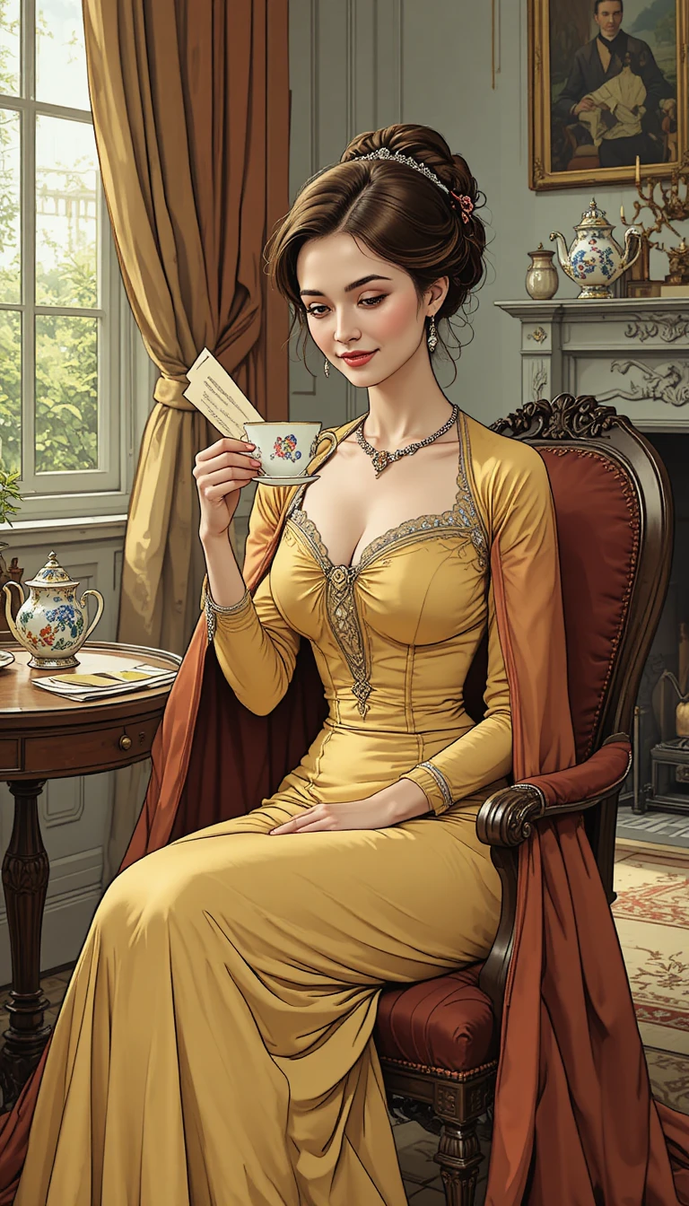 Elegant woman in yellow gown sipping tea in victorian room
