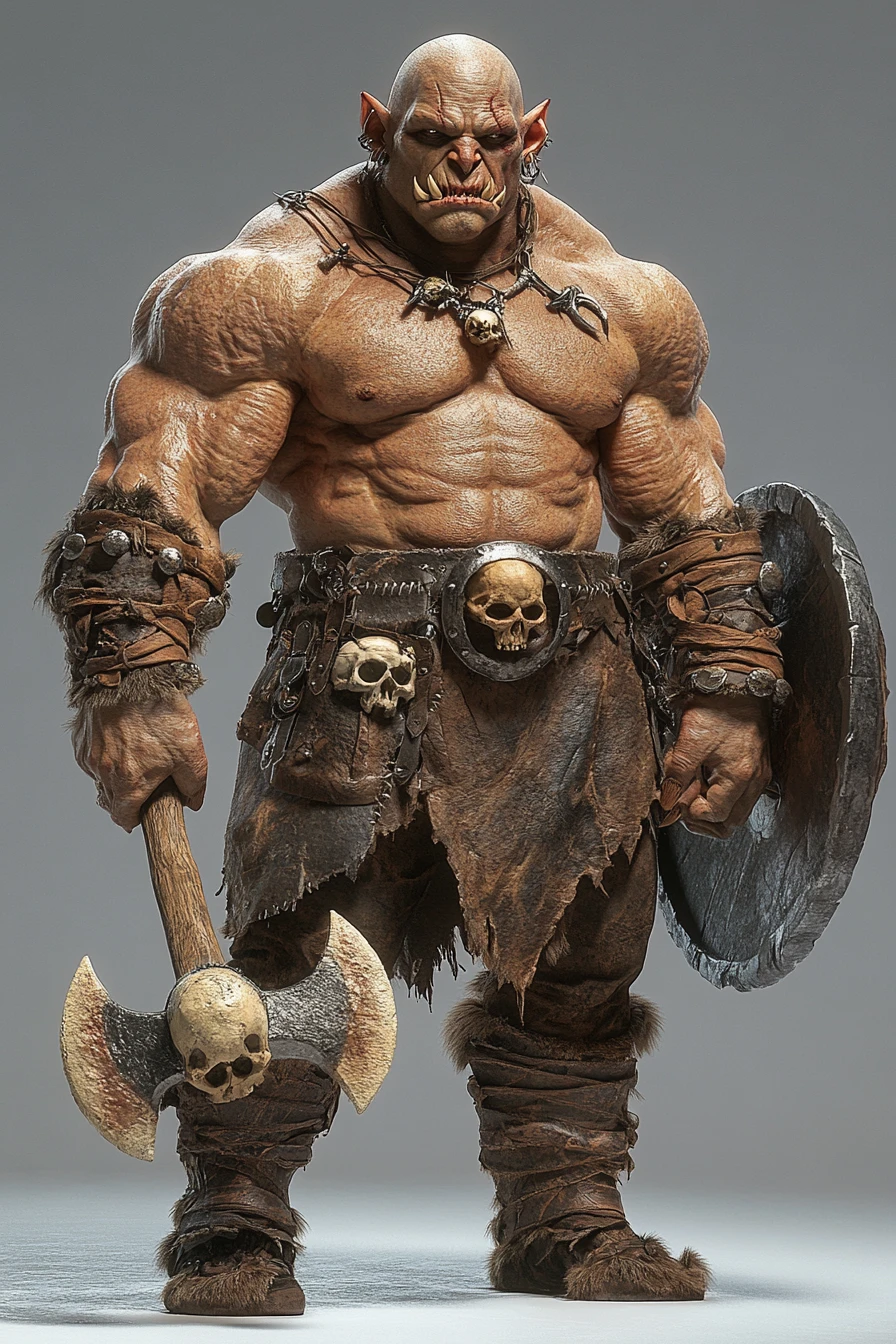 Guerreiro orc extremamente musculoso com machado e escudo