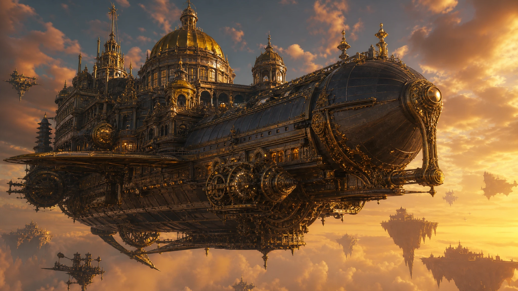 Majestic sky dreadnought airship above distant floating islands