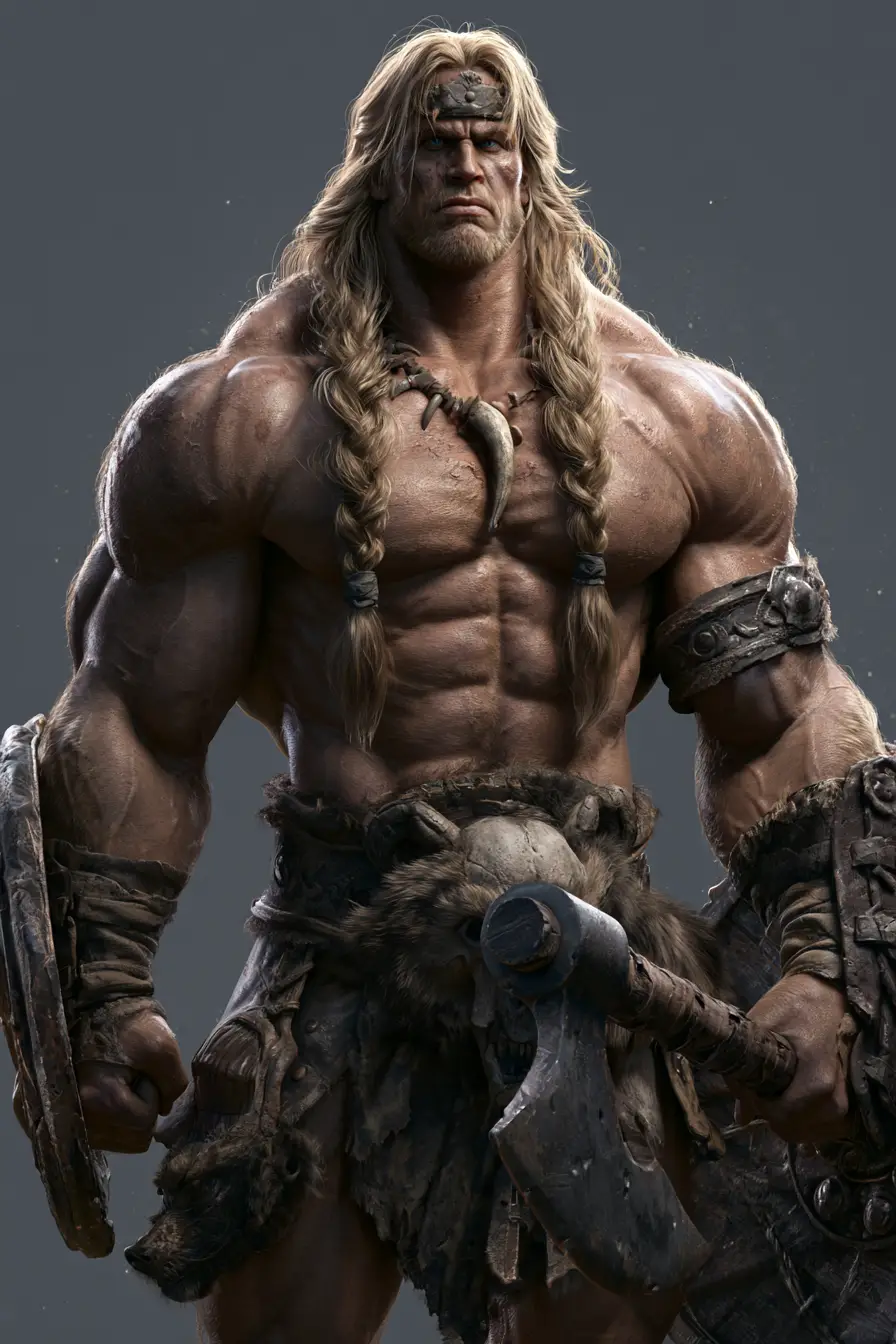 Guerrier barbare musclé avec hache et bouclier en art 3D