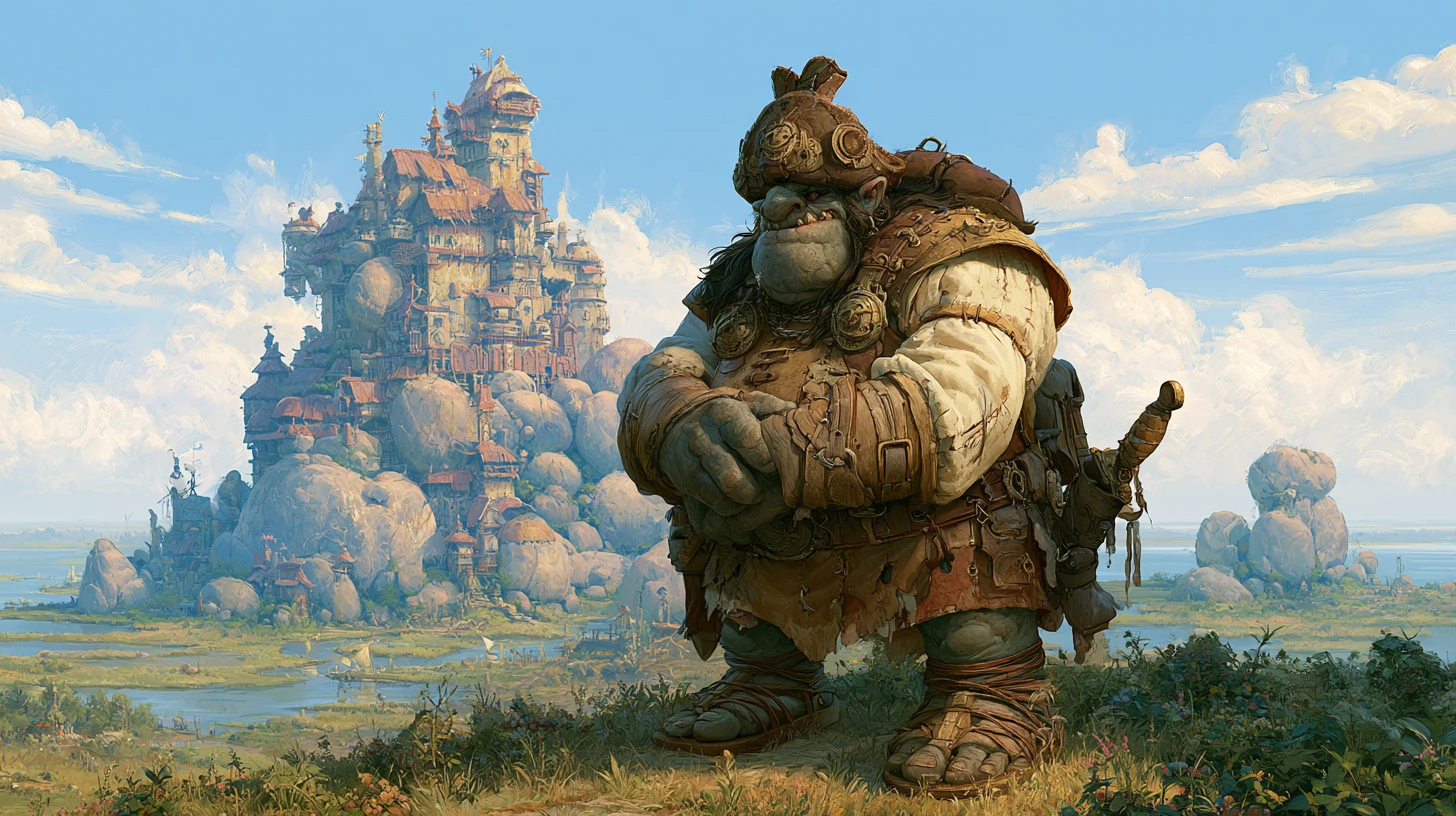Rei troll majestoso diante de um colossal castelo de pedra fantástico