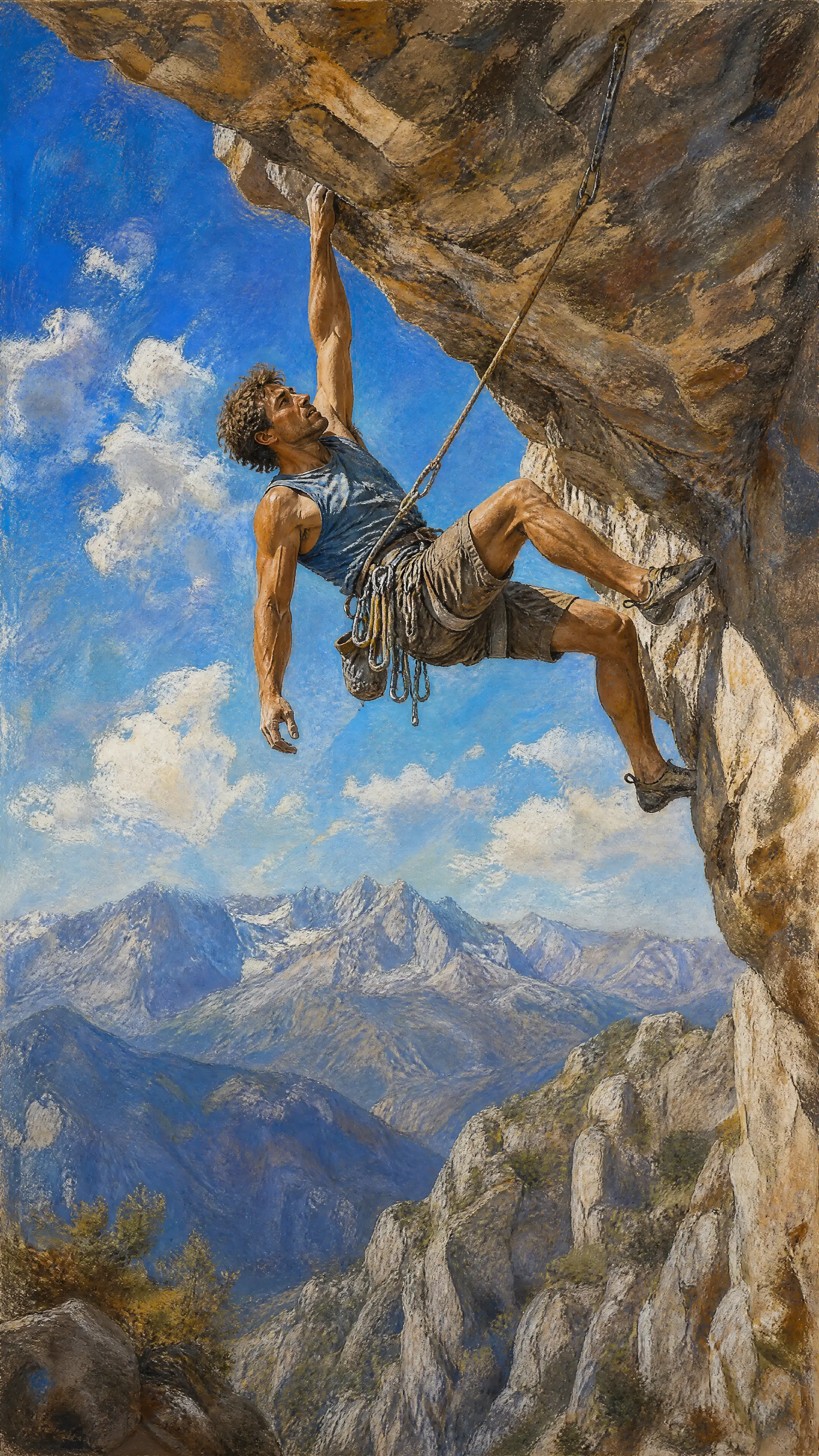 Male rock climber hanging from a steep overhanging cliff