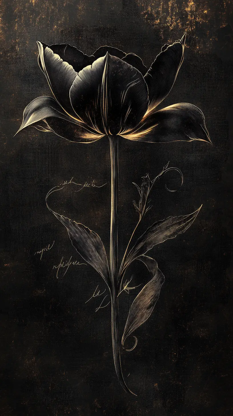 Black tulip emerging from darkness with botanical engravings